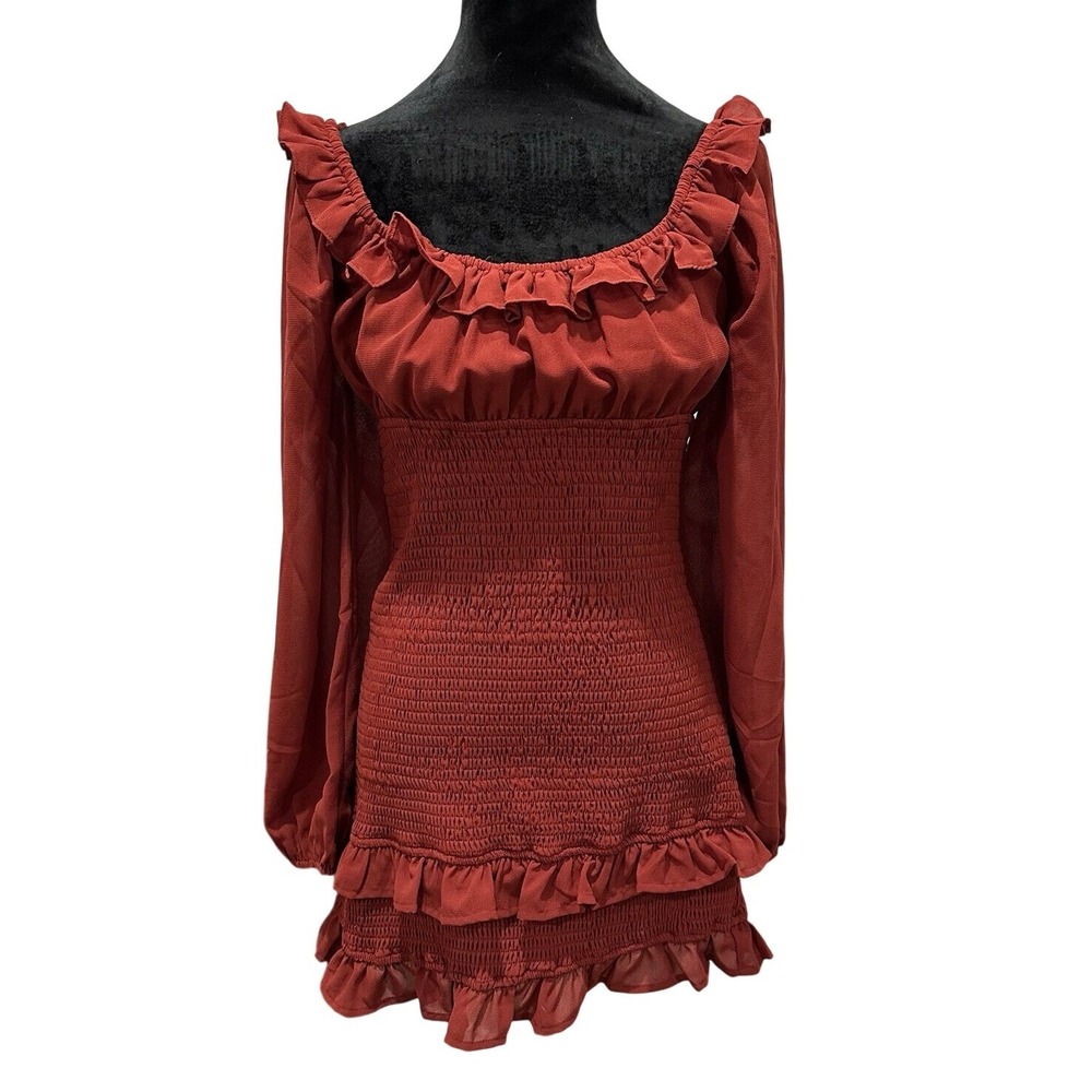 LE LIS Women's Smocked Ruffle Dress Long Sleeve Square Neck Red‎ Medium